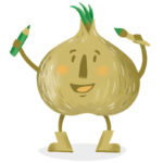 Mascotte Kobo de Ma P'tite Echoppe en forme d'oignon avec un pinceau et un crayon dans les mains.