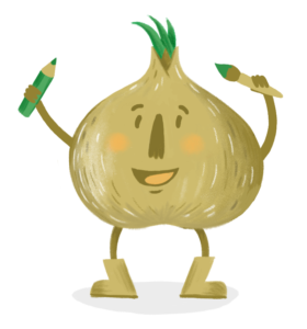 Mascotte Kobo de Ma P'tite Echoppe en forme d'oignon avec un pinceau et un crayon dans les mains.