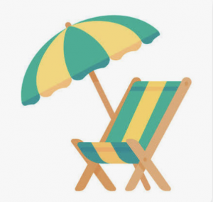 Transat et parasol assortis à rayures vertes et jaunes figurant une pause estivale.